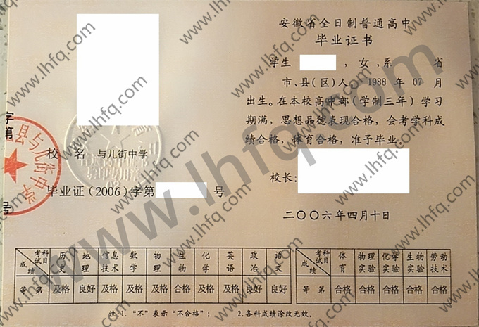 安徽省霍山县与儿街中学2006年高中毕业证样本