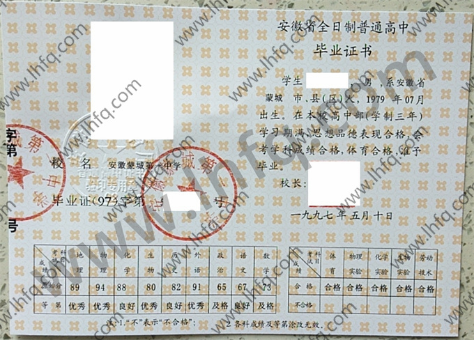 安徽蒙城第一中学1997年高中毕业证样本