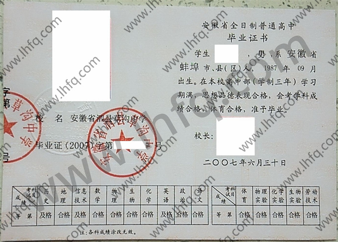 安徽省泗县草沟中学2007年高中毕业证样本