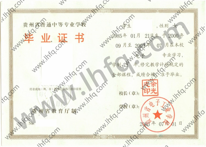 贵州省电子工业学校2003年中专（中职）毕业证书模板